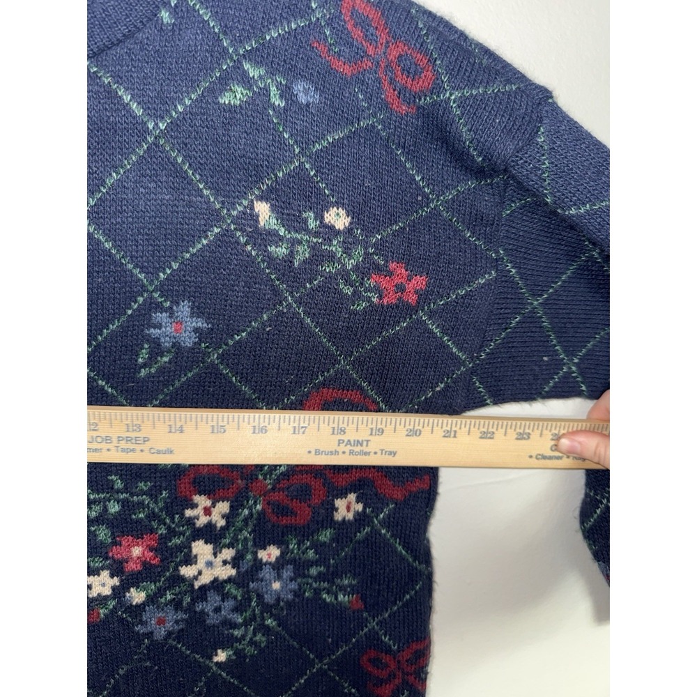 Basic Editions Navy Green Floral Knit Sweater Scalloped Crewneck Medum - Picture 6 of 7